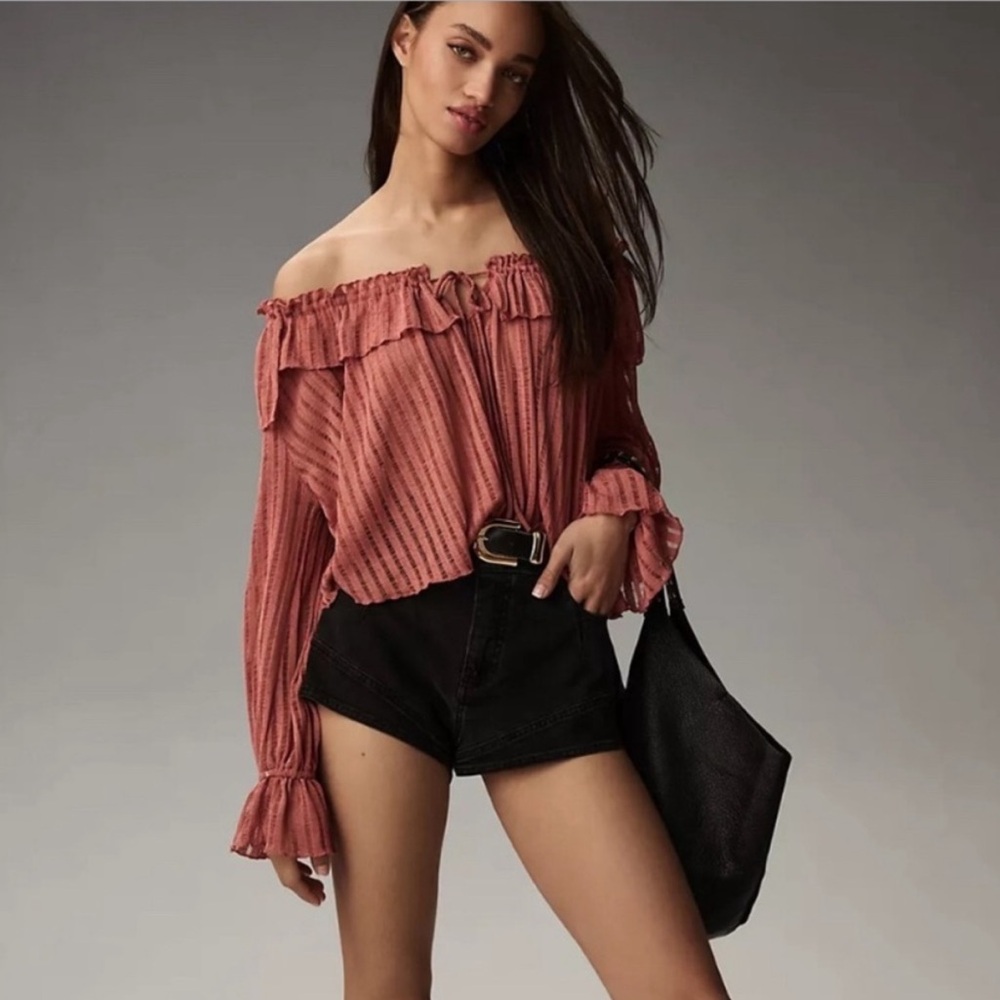 NEW Anthropologie Sheer Off Shoulder Long Sleeve Top XL